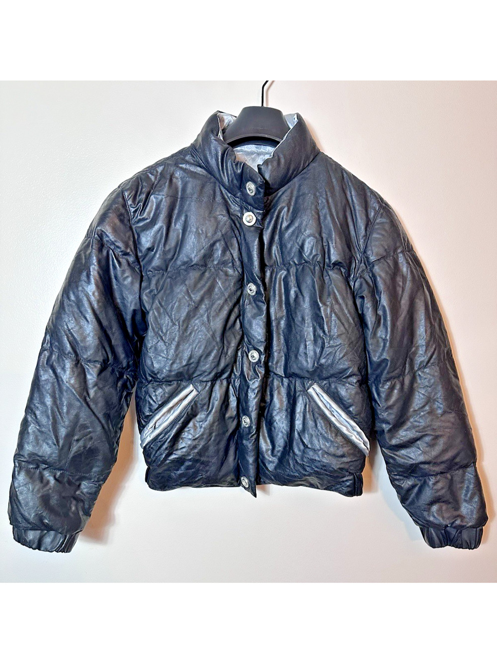 VERSACE V2 Puffer Quilted Coat Black Vintage XK1706 Goose Zip Size IT 42 US 6